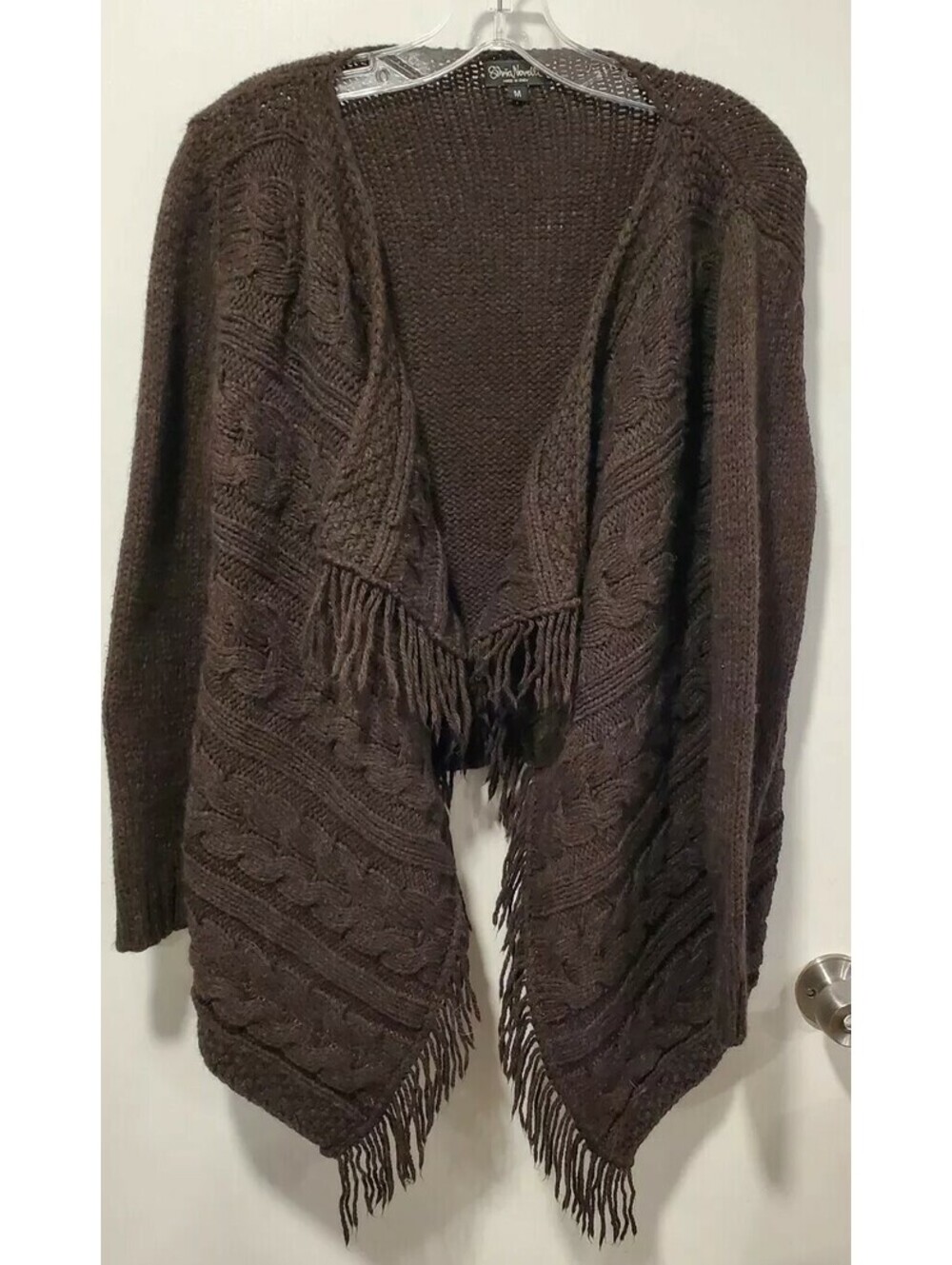Silvia Novelli Medium Brown Cable Knit Sweater CardiganFringe Hem Italy